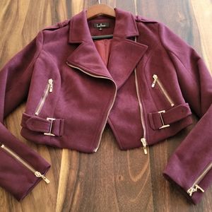 Lulus Wine Suede (like) Cropped Moto Jacket